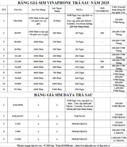 Sim di động vinaphone BANG GIA SIM TRA SAU VINA 2025